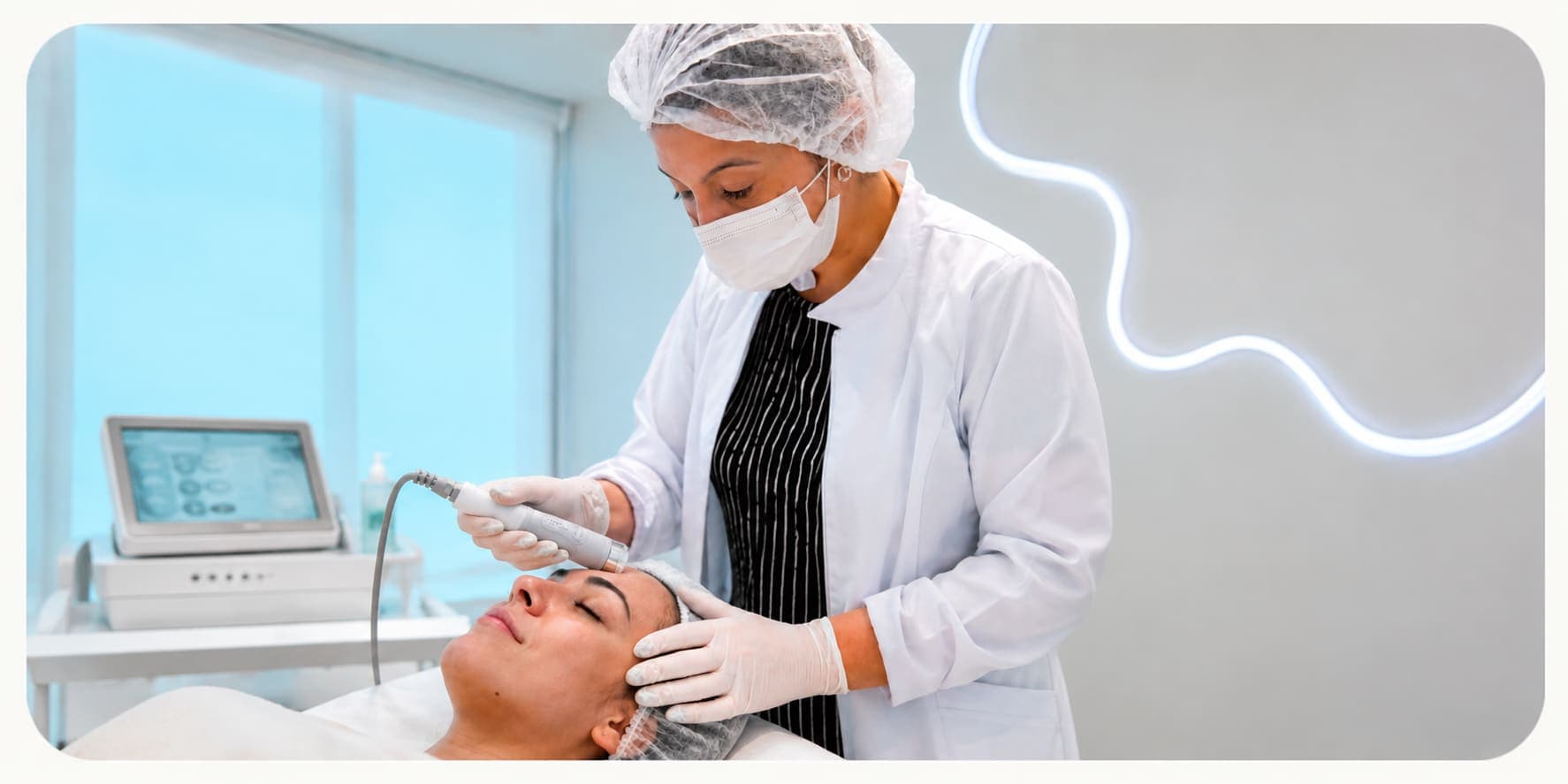 Procedimento facial em andamento na sala de tratamento da Mirakli Estética