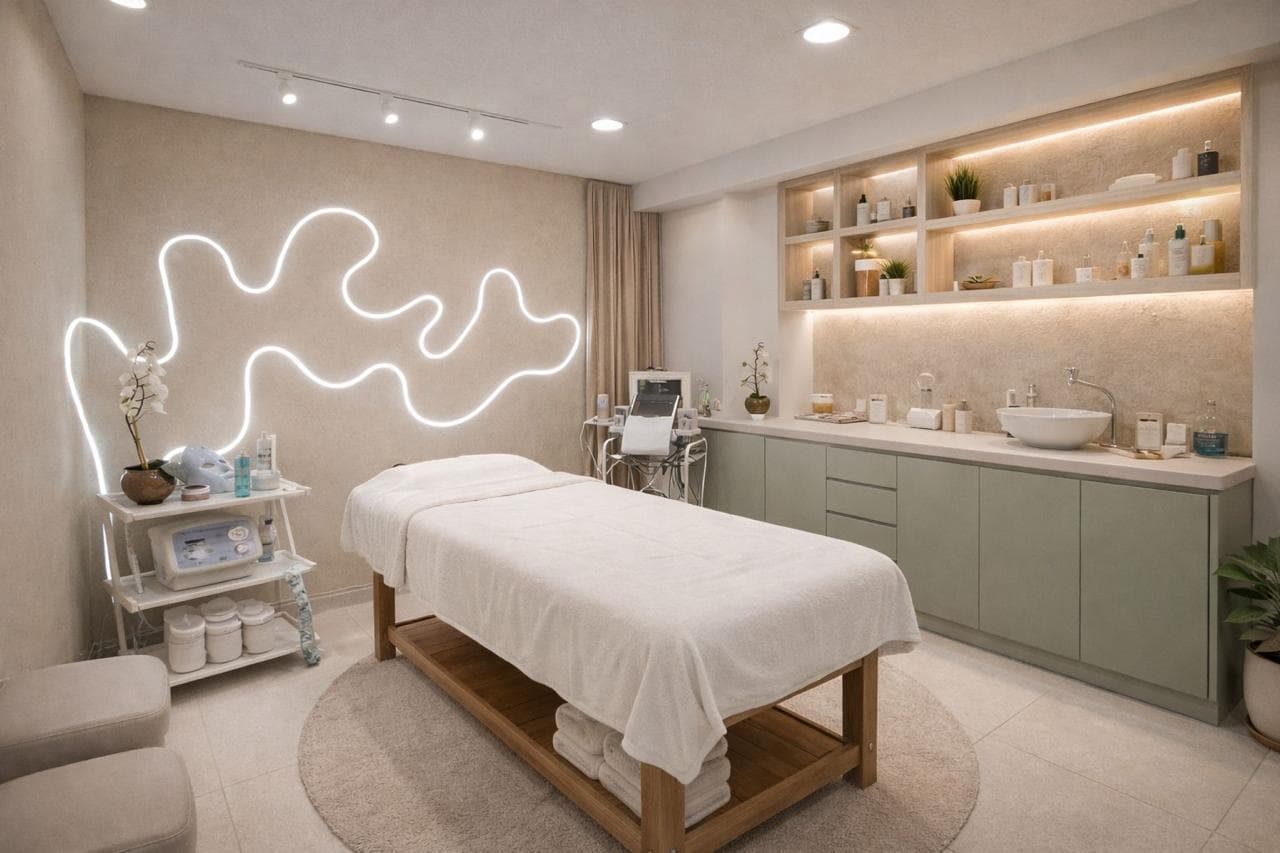 Sala de tratamento da Mirakli Estética com iluminação em neon e bancada em verde-sálvia